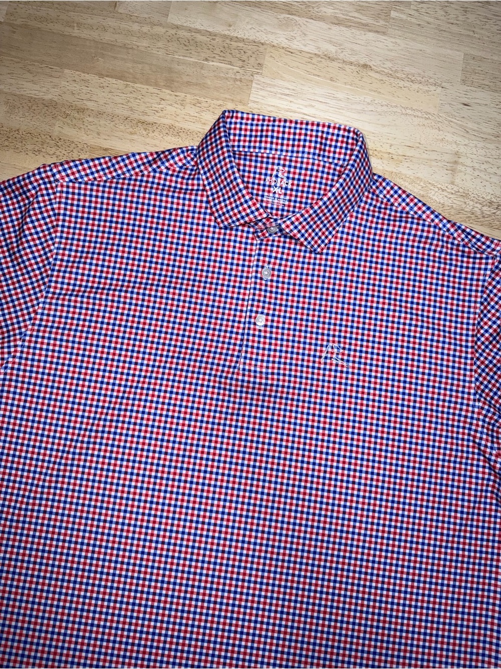 Rhoback Performance Polo Mens XL Red White Blue Gingham USA Flag Golf Stretch